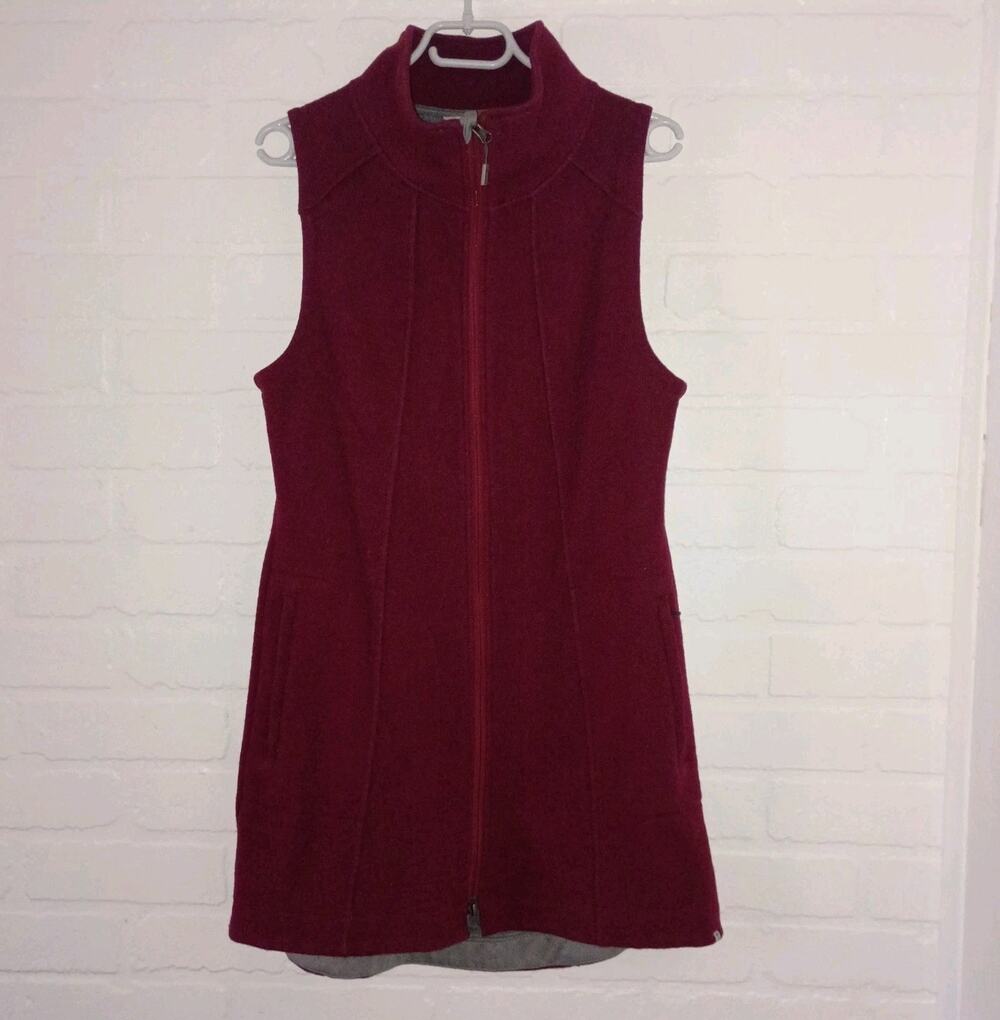 Toad & Co Outbound Long Line Vest Womens M Wool Burgundy Princess Seams Outdoor